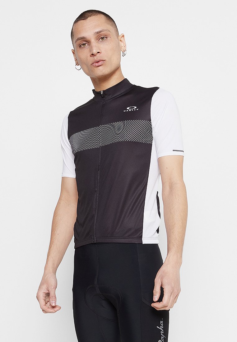 Kurzärmliges Fahrradjacket in Schwarz und Weiß mit einem Reißverschluss vorne, einem geometrischen Muster auf der Brust und einer sportlichen Passform.