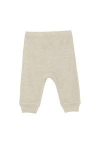 Helle beige Baumwollbabyhosen mit einer weichen Textur, die ein tailliertes Bein-Design sowie gerippte Bündchen und einen elastischen Bund aufweisen.