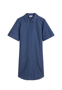 Korte mouwen jurk in donkerblauwe denim, met een kraag en een recht ontwerp. Gladde textuur met subtiele stikdetails.
