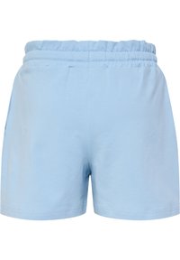 Helle blaue Baumwollshorts mit einem elastischen Bund. Sie verfügen über eine glatte Textur und einen schlichten Schnitt, der etwas über dem Oberschenkel endet.