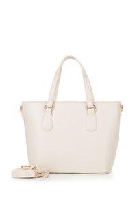 Borsa beige con due manici e tracolla removibile. Design liscio e strutturato con accessori in tonalità oro e dettagli angolari.