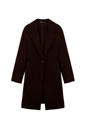 Bordeaux wollen blend jas met een geknipt kraag, lange mouwen, voorzakken en een enkele knoopsluiting. Gladde textuur, getailleerde pasvorm.