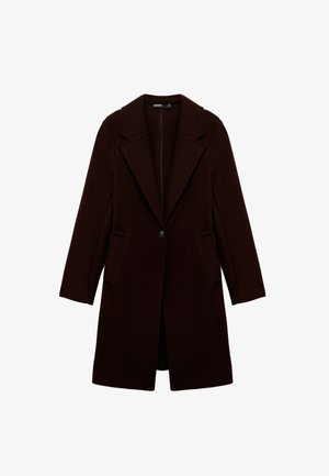 Abrigo de mezcla de lana burdeos con cuello de muesca, mangas largas, bolsillos delanteros y cierre de un solo botón. Textura suave, corte entallado.