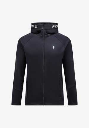 Schwarze zip-up Jacke mit Kapuze, versehen mit weißer Schrift "PEACE" am Kragen, zwei seitlichen Reißverschlusstaschen und einem kleinen Logo auf der Brust.