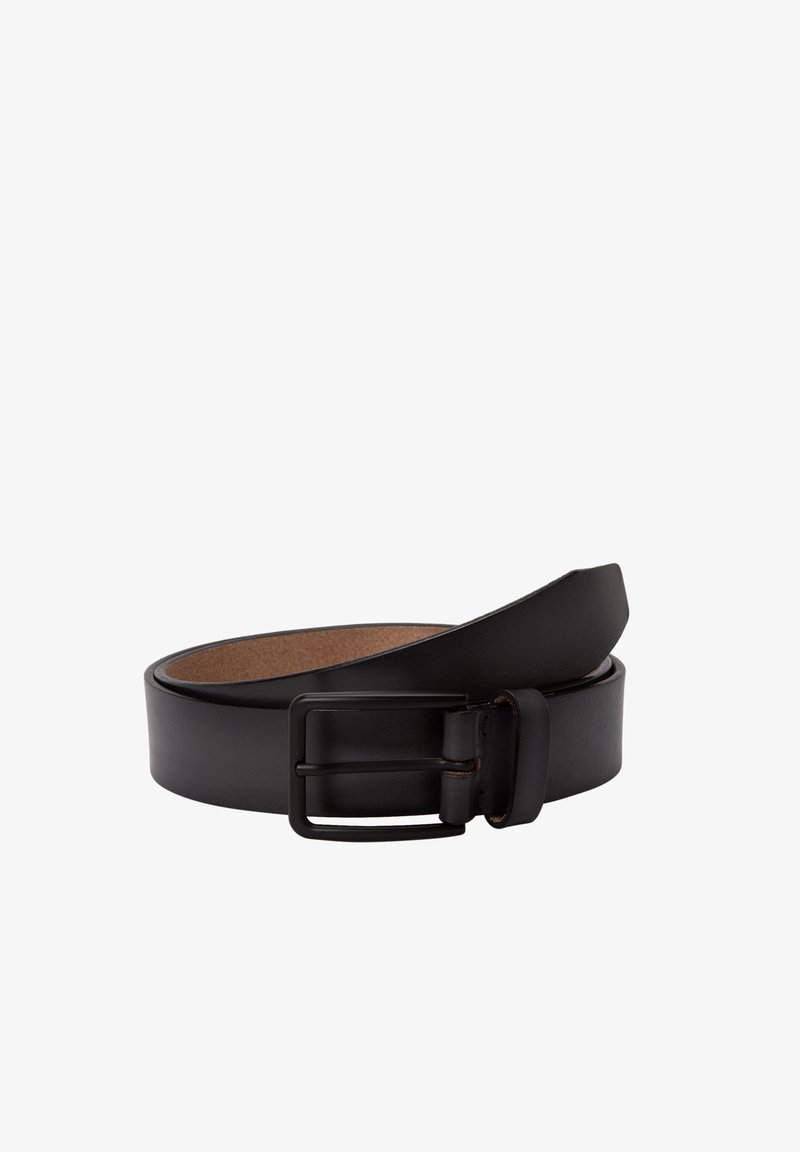 Black leather belt featuring a smooth finish, rectangular metal buckle, and dual-tone interior, with a flat, wide strap design.