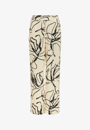 Kreemivärvilised laiade säärtega püksid, millel on abstraktsed mustad lillejoonised ja kõrge vöökoht.