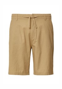 Khakifarbene Shorts aus leichtem Stoff, mit einem elastischen Bund und einem Kordelzug sowie seitlichen Fronttaschen. Glatte Textur.