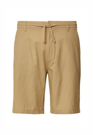 Khaki shorts gemaakt van lichtgewicht stof, met een elastische tailleband met een koord en zijzakken aan de voorkant. Gladde textuur.