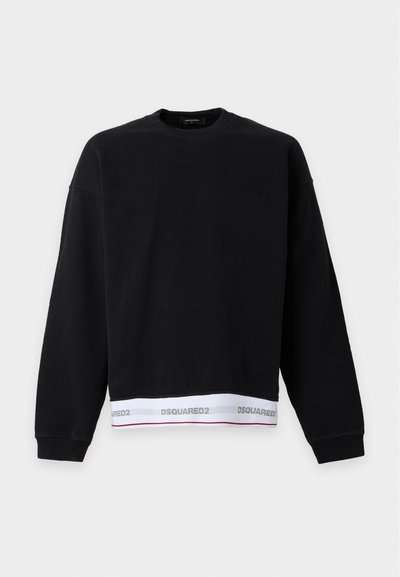 Sweat-shirt noir à manches longues avec une bande blanche à l'ourlet présentant le texte répété "DSQUARED2" et une fine ligne rouge en dessous.