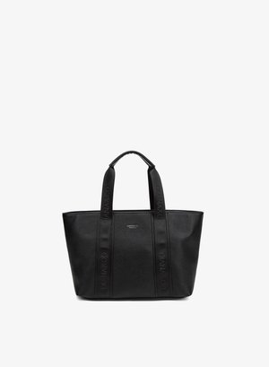 Black leather tote bag with two shoulder straps embossed with "DIANA&CO" and a small silver brand logo on the front center.