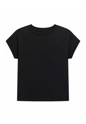 T-shirt noir à manches courtes avec col rond et petite poche poitrine, présenté sur fond blanc.