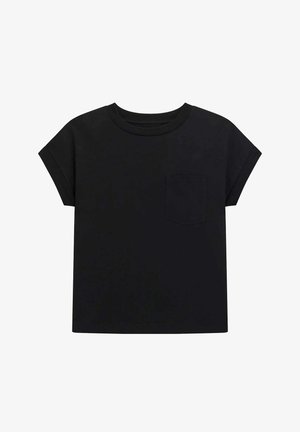 T-shirt noir à manches courtes avec col rond et petite poche poitrine, présenté sur fond blanc.