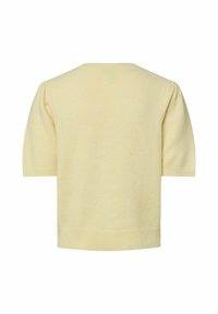 Pull tricoté jaune pâle à manches courtes avec poignets et ourlet côtelés, présenté de dos sur un fond blanc uni.