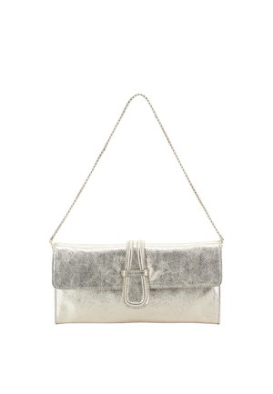 Silver metallic clutch purse with a chain strap and a front flap secured by a decorative looped band.