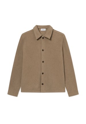 Veste-chemise beige à manches longues avec col, cinq boutons devant, au design simple et épuré.