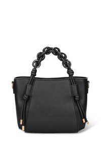 Borsa a mano in pelle nera con superficie strutturata, dotata di manico intrecciato e dettagli in metallo color oro. Design compatto e strutturato.