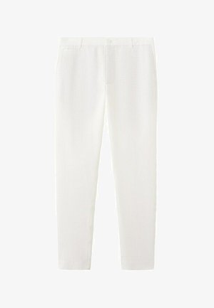 Pantalones blancos de corte slim con trabillas para cinturón, detalles en la costura frontal y un corte entallado hasta el tobillo.