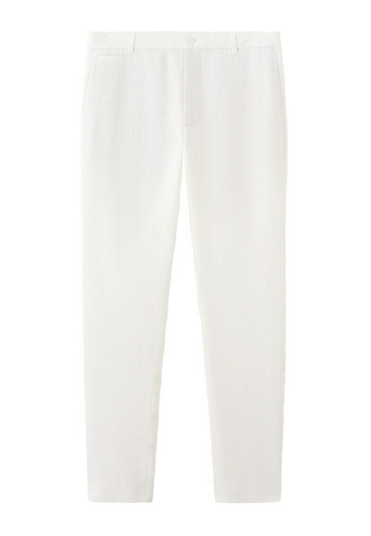 Pantalon blanc slim avec passants pour ceinture, détails de coutures avant et coupe ajustée longueur cheville.