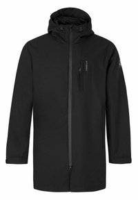 Schwarze wasserdichte Jacke mit Kapuze, durchgehendem Reißverschluss, verstellbaren Kordeln, mit einem Reißverschluss versehenem Brusttasche und langen Ärmeln. Glatte Textur.