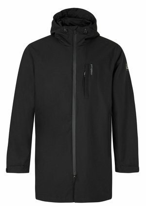 Sort vandtæt jakke med hætte, fuld frontlynlås, justerbare snore, lynlåslomme på brystet og lange ærmer. Glat tekstur.