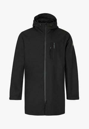 Sort vandtæt jakke med hætte, fuld frontlynlås, justerbare snore, lynlåslomme på brystet og lange ærmer. Glat tekstur.