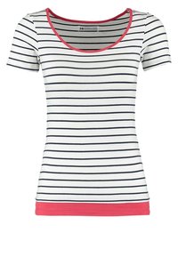 T-shirt à manches courtes rayé, avec des rayures horizontales bleu marine et blanches, un col corail et un ourlet inférieur corail. Matière légère.