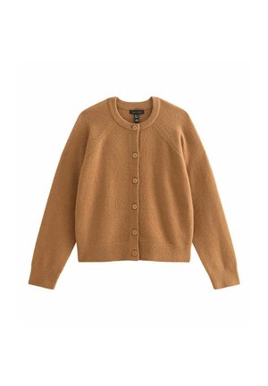 Bruine wollen cardigan met knopen, lange mouwen, geribde manchetten en zoom en een ronde halslijn.