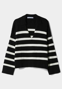 Pull à rayures noires et blanches avec col en V et col, doté de poignets et ourlets côtelés, fabriqué en tissu tricoté doux.