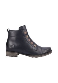 Bottes de cheville en cuir bleu foncé avec un bout rond, dotées de boutons en métal décoratifs, d'un petit talon et de détails de couture le long de la semelle.