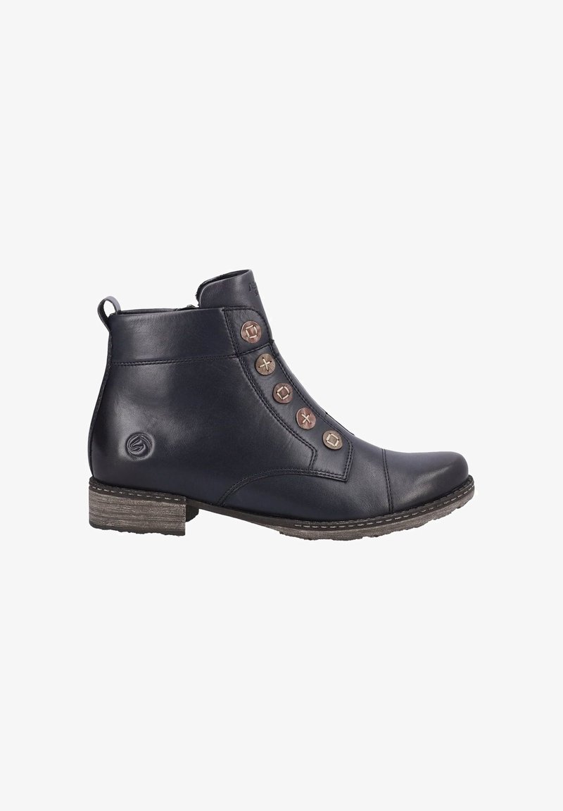 Bottes de cheville en cuir bleu foncé avec un bout rond, dotées de boutons en métal décoratifs, d'un petit talon et de détails de couture le long de la semelle.