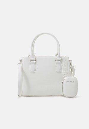 White Valentino handbag with two top handles, detachable shoulder strap, and matching small zip pouch attached on the side.