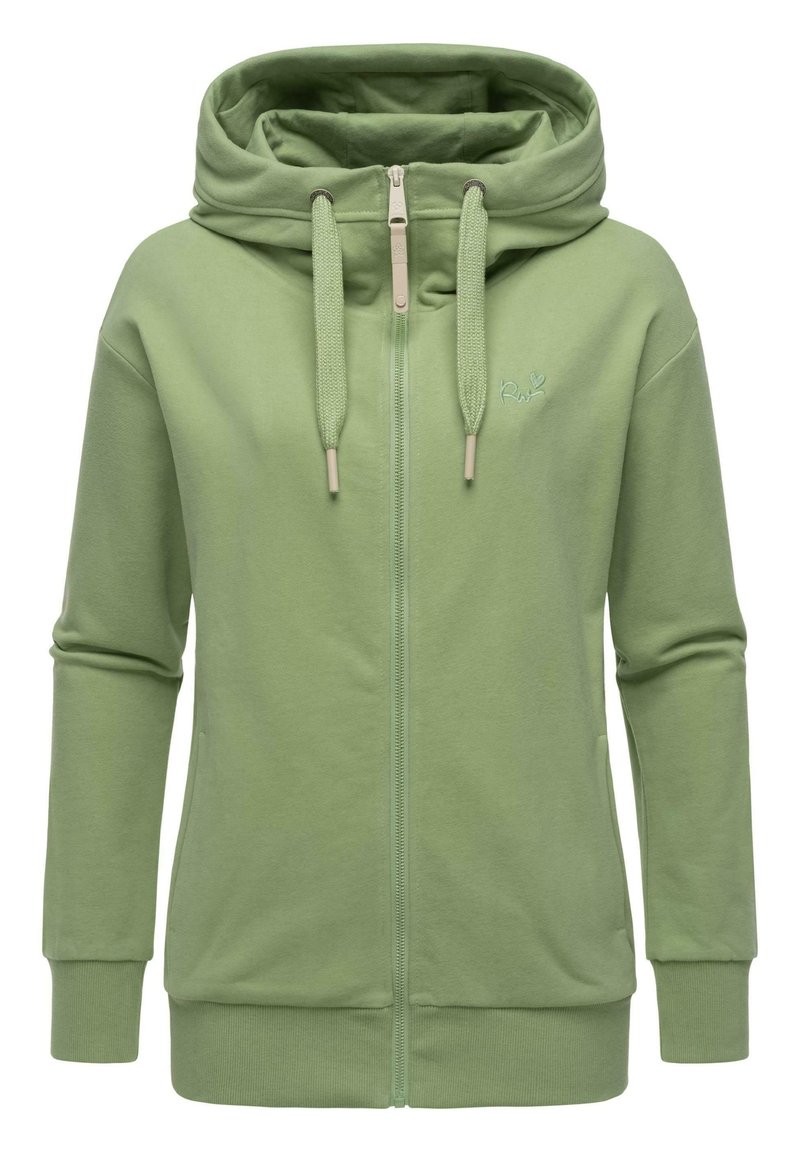 Felpa verde chiaro con zip realizzata in tessuto morbido. Presenta un colletto alto, cappuccio con cordino, polsini a costine e un piccolo logo sul petto.
