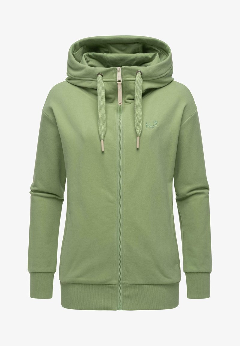 Felpa verde chiaro con zip realizzata in tessuto morbido. Presenta un colletto alto, cappuccio con cordino, polsini a costine e un piccolo logo sul petto.