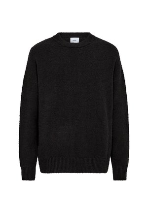 Schwarzer Pullover mit langen Ärmeln und Rundhalsausschnitt, gefertigt aus strukturiertem Strick mit gerippten Bündchen und Saum, auf weißem Hintergrund präsentiert.