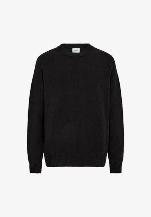 Sort langærmet sweater med rund hals, struktureret strik og ribstrikkede manchetter og kant, vist på en hvid baggrund.