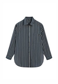 Marineblaues Hemd mit weißen vertikalen Streifen, langen Ärmeln, einer Brusttasche und einem abgerundeten Saum. Weicher Stoff mit glatter Textur.