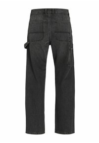 Mörkgrå denim cargo-byxor med en avslappnad passform, som har två bakfickor och en sidoficka för verktyg. Subtilt blekt mönster genom hela byxorna.