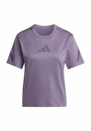 Purple short-sleeve T-shirt made from soft material. Features a crew neck and subtle logo on the front and sleeve. Smooth texture.