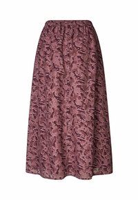 Jupe maxi à motifs bordeaux et rose avec une taille élastique, présentant un design fluide et un tissu léger et texturé.
