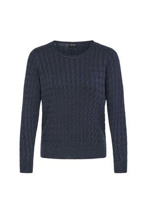 Pull en maille bleu marine avec un motif en câble texturé, encolure ronde et manches longues. Le tissu semble doux avec une silhouette légèrement ajustée.