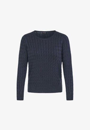 Marinblå stickad tröja med en strukturerad kabelmönster, rund halsringning och långa ärmar. Tyget verkar mjukt med en något figurnära silhuett.