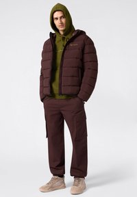 Bruine pufferjack met capuchon, ritssluiting aan de voorkant en logo. Olijfgroene hoodie eronder. Donkerbruine cargobroek en lichtbeige sneakers.