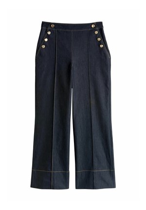 Pantalon bleu foncé à jambes larges avec des coutures devant, des boutons dorés sur les deux hanches et des surpiqûres jaunes visibles le long des bordures et des poignets.