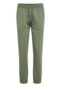 Grüne Sweatpants aus weichem Stoff mit elastischem Bund und Kordelzug, mit gerippten Bündchen und einem Logodetail an der Seite.