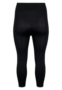 Zwarte leggings van een gladde, rekbare stof, met een hoge tailleband en een aansluitend ontwerp dat naar de enkel toe tapsert.