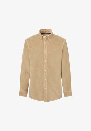 Béžová kordurová košile s límcem na knoflíky, dlouhými rukávy a logem na hrudi. Má texturovanou tkaninu a standardní střih s knoflíkovým zapínáním vpředu.