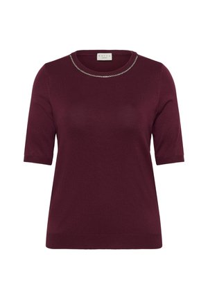 Burgunderfarbenes Kurzarm-Sweatshirt mit rundem Ausschnitt und dekorativen metallischen Details am Kragen. Hergestellt aus weichem, strukturiertem Strickstoff.