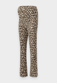 Leggingi s uzorkom leoparda, s bež osnovom i crnim mrljama, izrađeni od rastezljivog materijala. Pristajajući dizajn s oblikom nogavica koje se šire prema dolje.