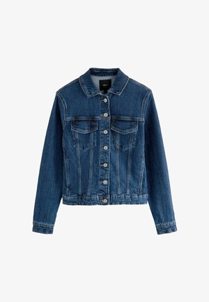 Sinine teksajakk, millel on kaelus, nööpide ees, kaks rinnataskut ja pikad varrukad. Omab tekstuurset kangast ja istuvat disaini.