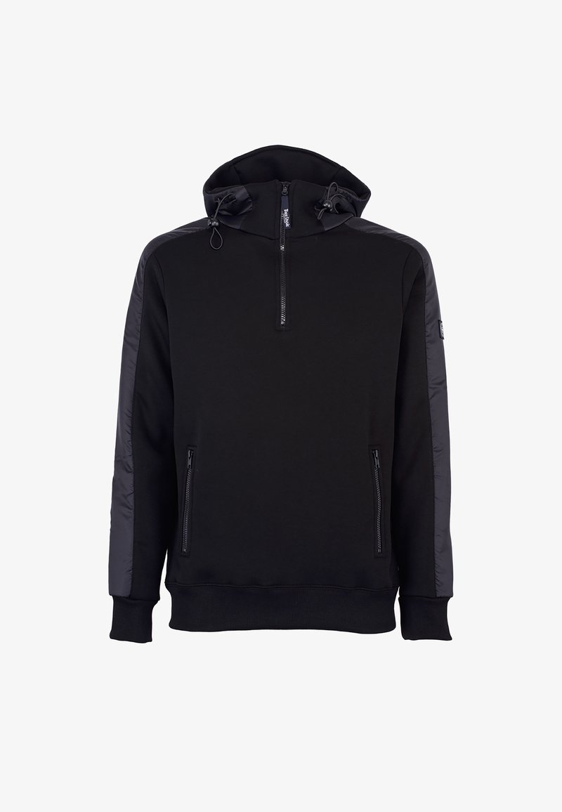 Felpa nera con cappuccio, dotata di collo con zip, polsini aderenti, tasche laterali e maniche imbottite nere a contrasto per un maggiore calore e struttura.